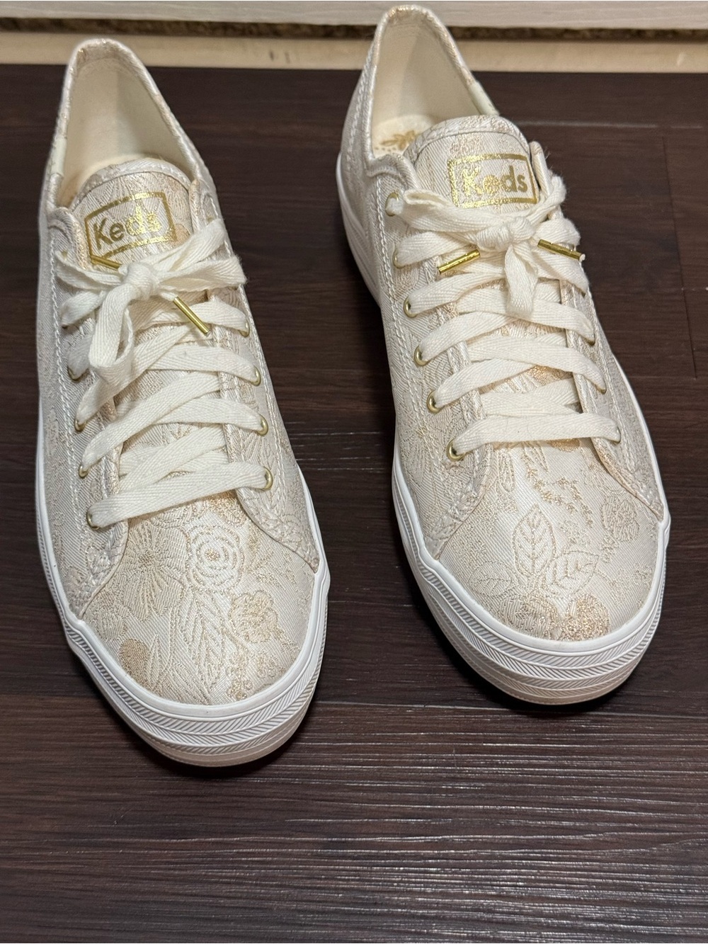 Keds + Rifle paper co Women's Cream Lace Sneakers with Gold floral Accents 9.5